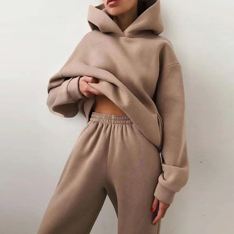 Women Tracksuit Set Solid Long Sleeve Sport Suits Autumn Winter Warm Hooded Sweatshirts And Jogger Pants  Two Piece Set