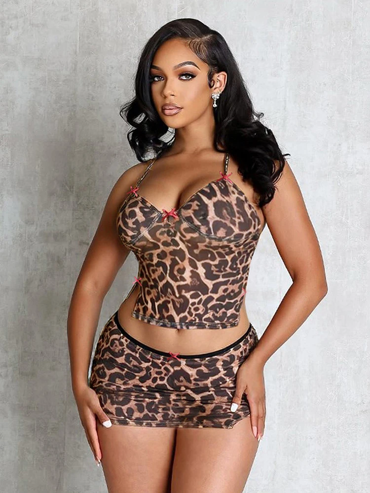 

Kliou Leopard Print Sexy 2 Piece Set Woman Halter Backless Navel Exposed Tank Tops+Bow Splits Skirts Hot Girls Wild Style Suits