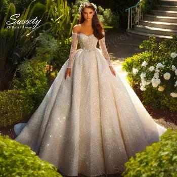 Glitter trouwjurk borduurwerk met kralen baljurk O-hals volledige mouw bruidsjurk aangepaste knop vestido de novia elegant