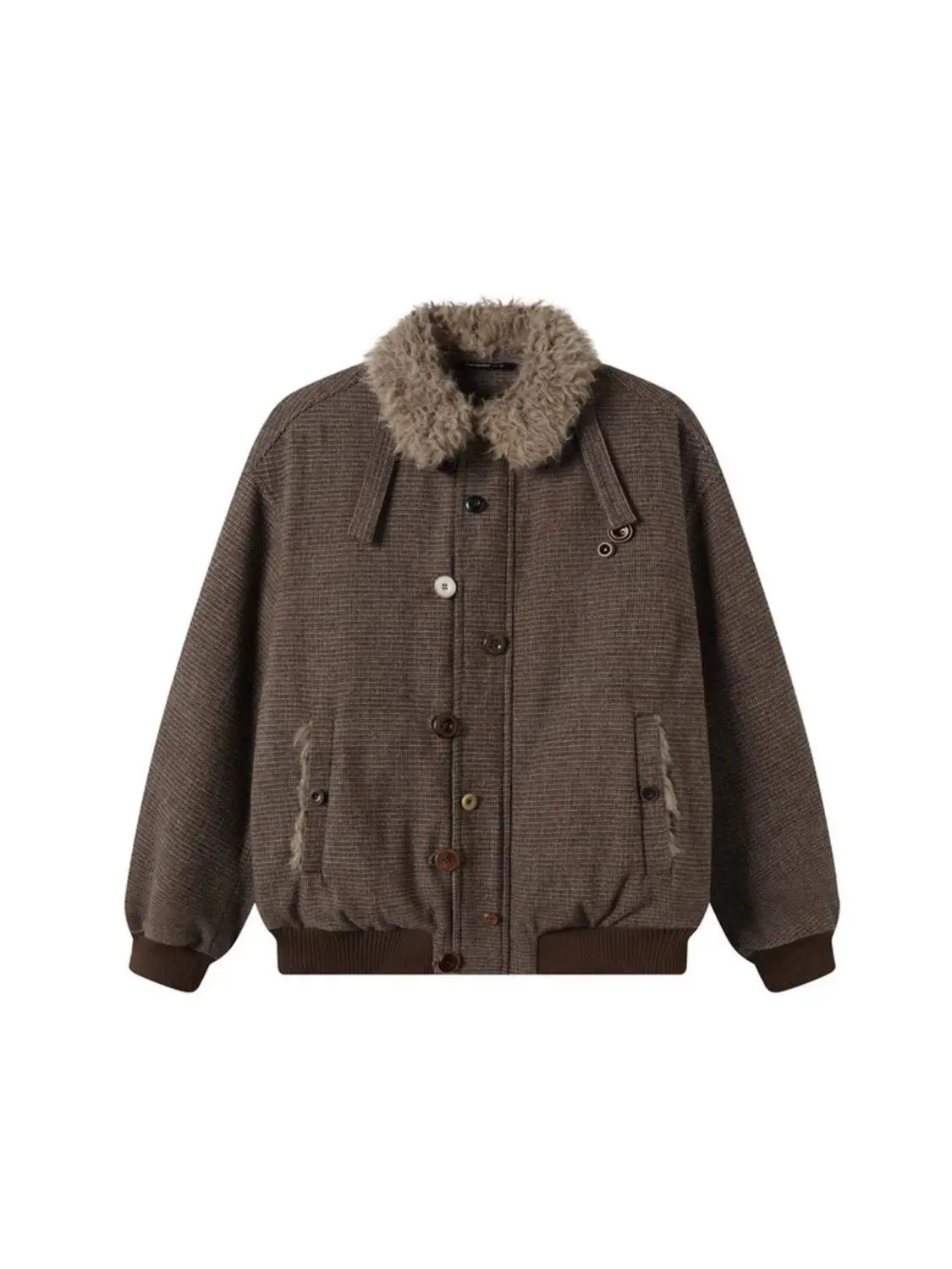 Retro Faux Fur Collar Wool Jacket For Women Multi Button Long Sleeve Loose Warm Winter Outer Coat