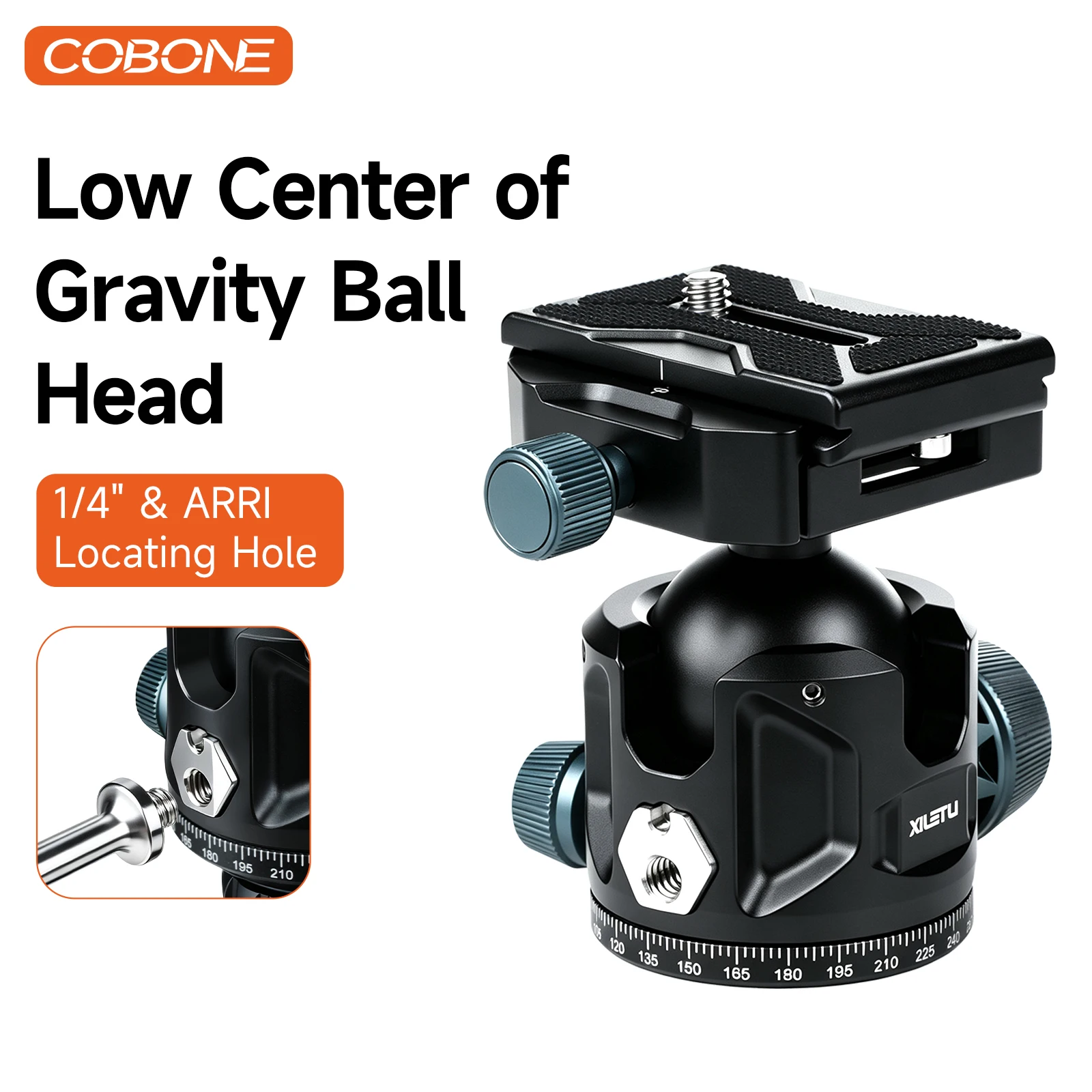 COBONE XILETU Low‑Profile Metal Tripod Ball Head, Arca‑Swiss QR Clamp for DSLR Mirrorless Camera Vlog Live Streaming Photography