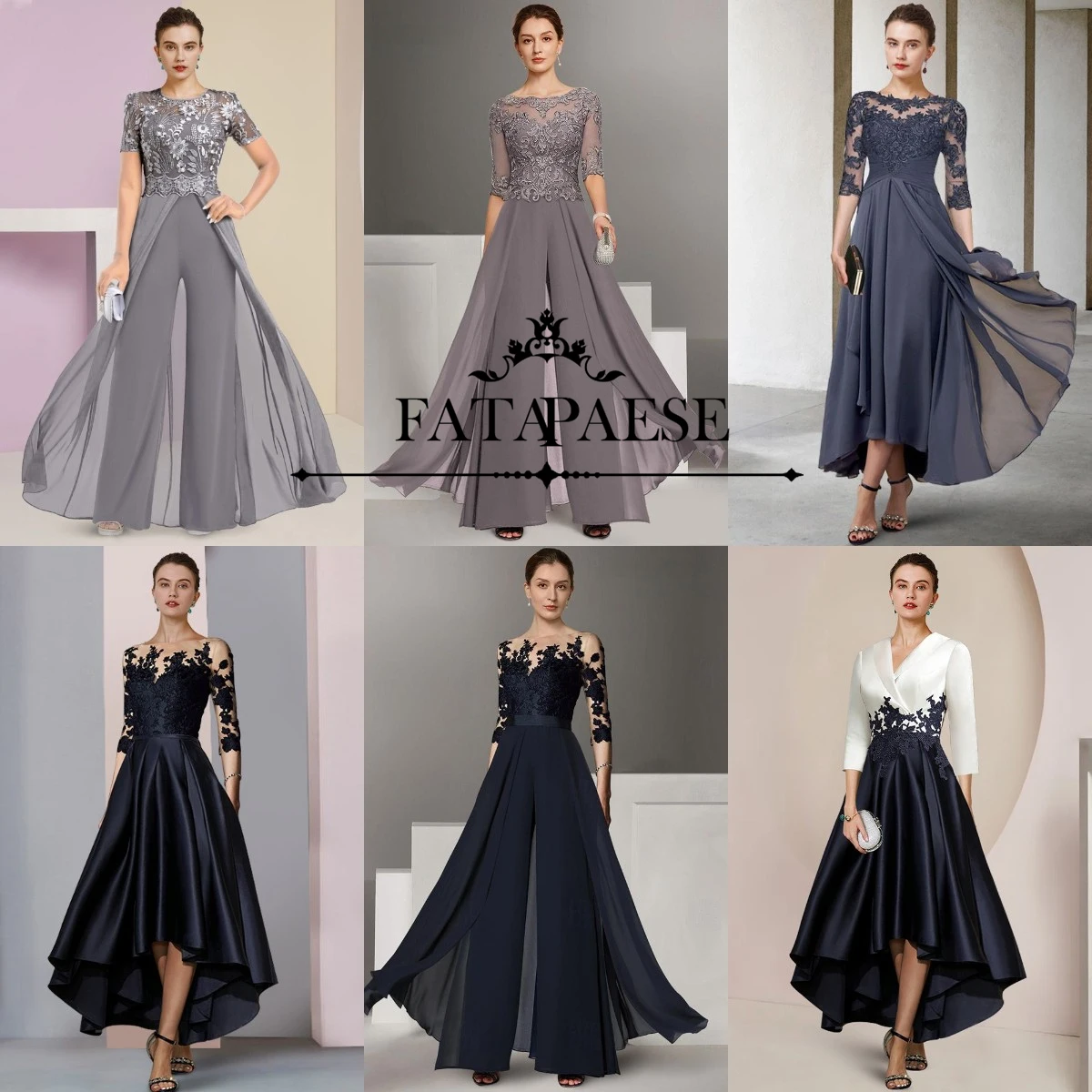 

FATAPAESE A-Line/Princess Jewel Neck 3/4 Length Sleeves Floor-Length Mother Of The Bride Pantsuits With Applique Bodice Gowns