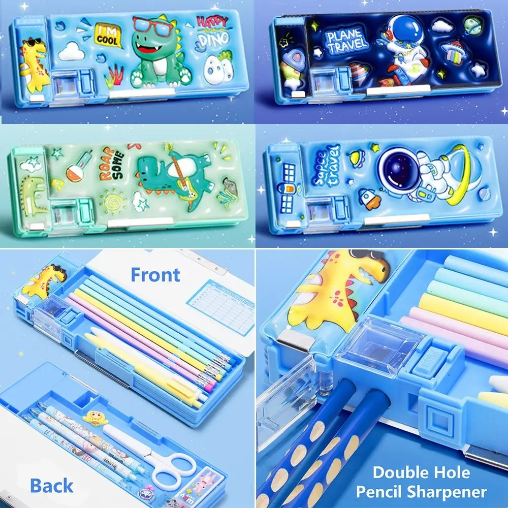 

Cartoon 3D Pencil Case Double-layer Dinosaur/Astronauts Stationery Storage Box Large Capacity With Pencil Sharpener Pen Box Gift