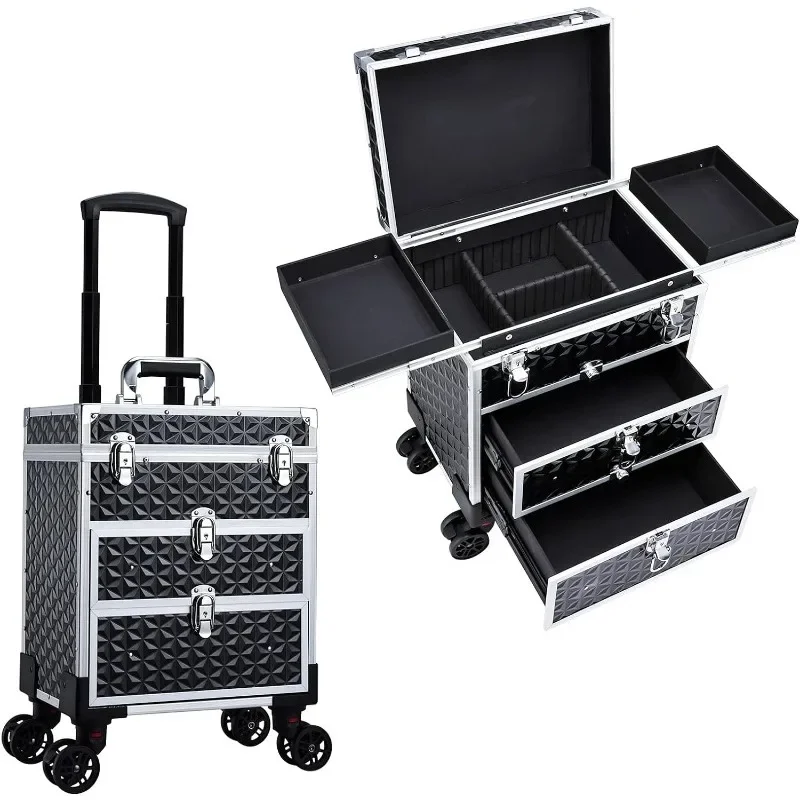 Makeup Case Aluminum Trolley Train Case with 360° Swivel Wheels for Makuep Artist Travel Cosmetic Organizer with Sliding Drawers