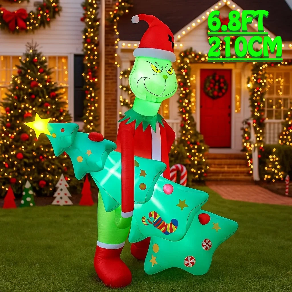 6.8FT Outdoor Holiday Decoration Grinch Hold Christmas Tree Inflatable Christmas Decor Xma Yard Party Ornaments Light Home Toy