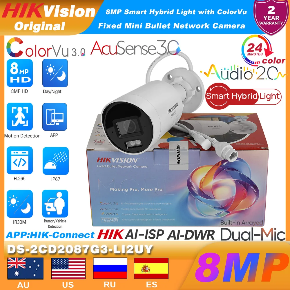 كاميرا Hikvision 4K 8MP DS-2CD2087G3-LI2UY POE Smart Hybrid Light ColorVu3.0 Acusense3.0 كاميرا شبكة مراقبة 1/1.8 ميكروفون مزدوج AI ISP&WDR IPC