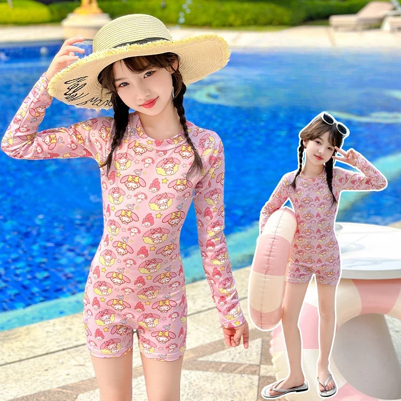 Kawaii My Melody Kid One-piece Swimsuit Sanrio Anime Girl Fashion 2024 New Summer Bathing Suit Long Sleeve Swimwear