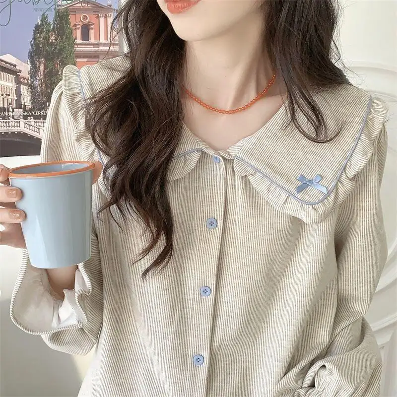 

Pajama Women Autumn and Winter New Korean Version Sweet Doll Collar Striped Long Sleeved Pants Cute Style Student Home Suit Set