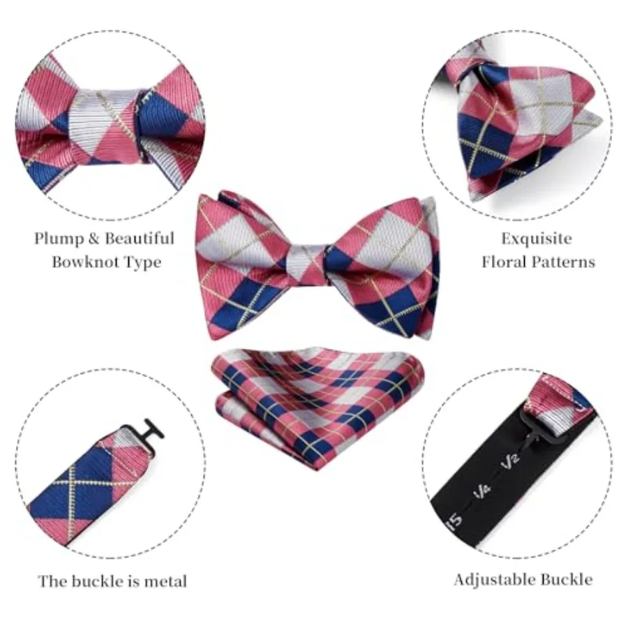 Bow Ties for Men Check Plaid Self Tie Bow Tie and Pocket Square Bowtie Formal Tuxedo Wedding Bowties Handkerchief Set view 5