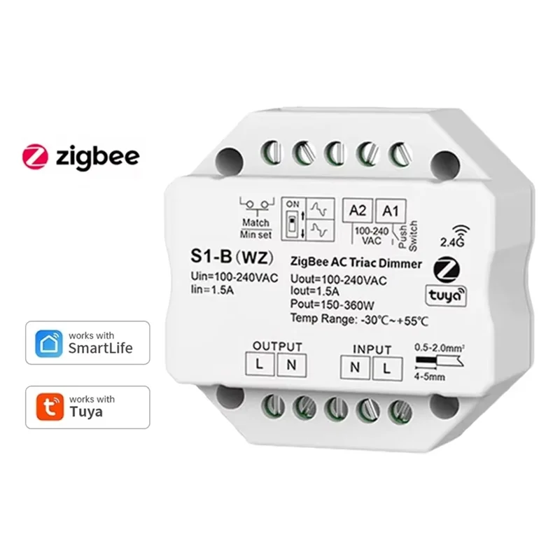 AS95-S1-B Tuya Zigbee RF AC Triac Dimmer LED Controller Push Switch Control 110V 220V 230V Smart Life APP For Alexa Assistant