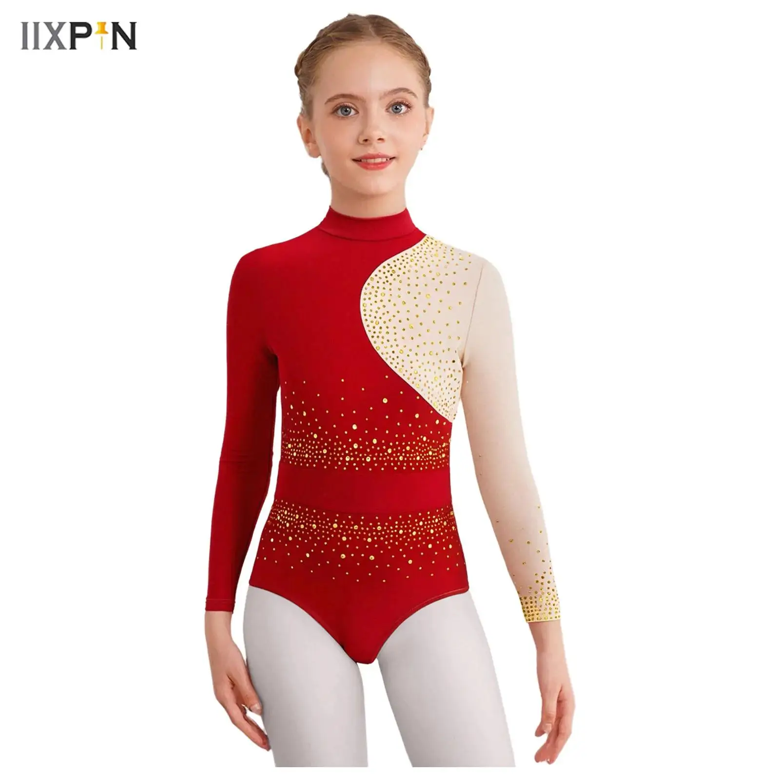 

Kids Girls Gymnastics Dance Leotard Mock Neck Long Sleeves Sparkly Rhinestones Color Block Bodysuit Figure Ice Skating Unitards