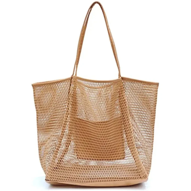 Women Foldable Shoulder Bag Casual Beach Mesh Tote Bag for Beach Picnic Vacation