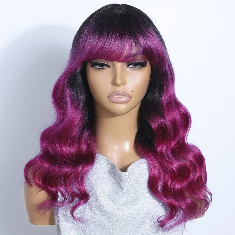 Rebecca Queen Pink Purple Color Body Wave Human Wig With Bangs Non Lace Wear to Go Wig Brown Colored Cheap Hair Wigs With Bangs