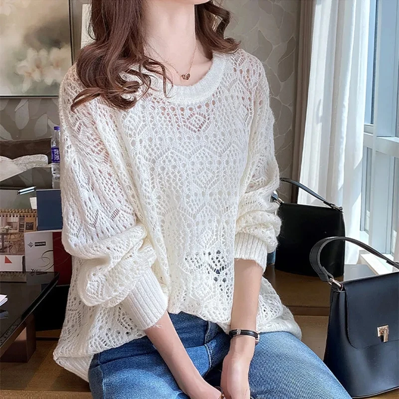 Spring Summer Women Solid Casual Pullover Long Sleeve Loose Top Gentle Sexy Blouse Breathable Hollowe Out Soft Ruffle Sleeve