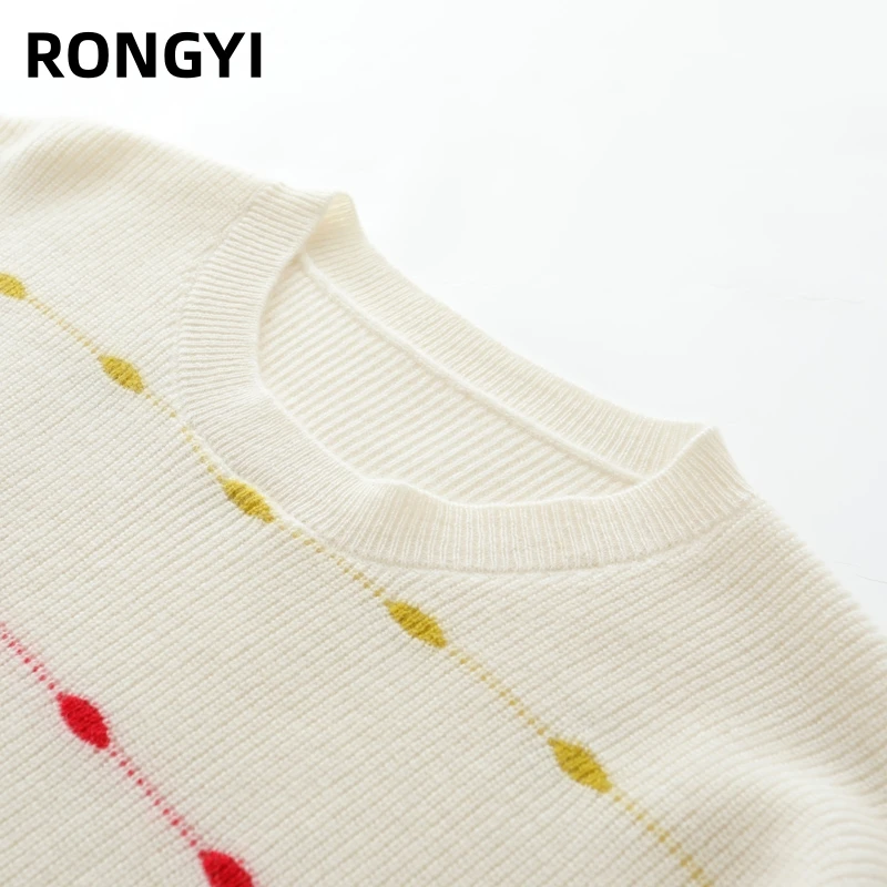 RONGYI 100% Goat Cashmere Sweater Women\'s 12-Pin O-Neck 3-Color Drum Wave Inlay Pullover Knitted Casual Autumn And Winter Top
