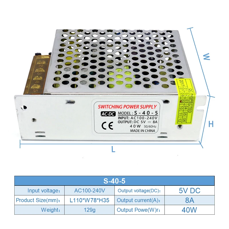 100-240V AC to DC 5V 8A 40W Converter Switch Mode Power Supply LED Lighting Transformer Drive Adapter DC5V AC/DC-enclosed SMPS