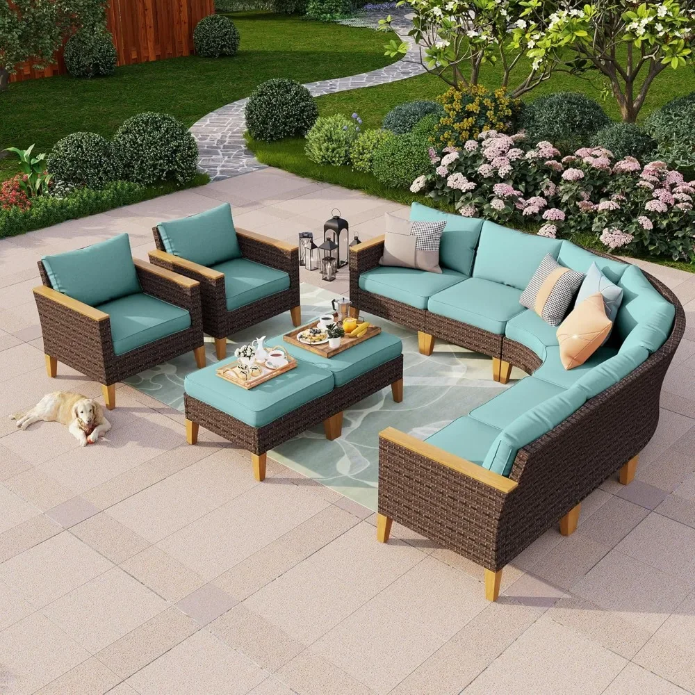 

Секционный уличный диван в форме полумесяца, 10 предметов, изогнутая мебель, плетеный набор для бесед в патио на 10 мест с подушками