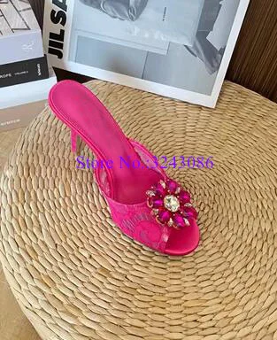 New Crystal Decor Lace Lady Sandals Sexy 6/9 cm Stiletto Heel Woman Slippers Fashion Female Casual Shoes Dropship