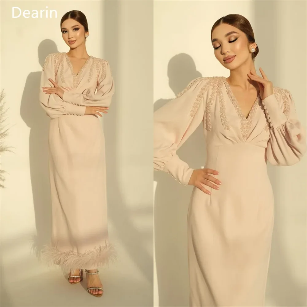 

Evening Gown Dearin V-neck Column Floor Length Skirts Vertically Applique Feather Bespoke Occasion Dresses Formal Prom Dress Sau