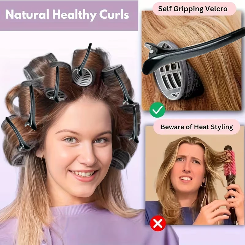 30Pcs Rollers Hair Curlers Set 18Pcs Self Grip Hair Rollers 3 Sizes 12Pcs Clips Hairdressing Curler Curl Salon Hair Styling Tool