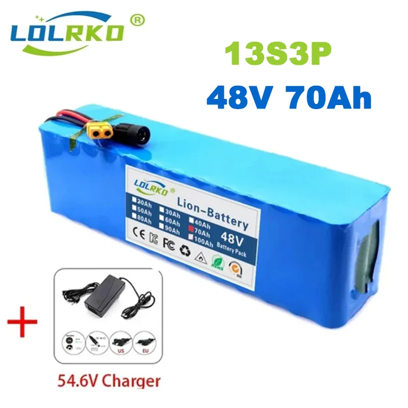 New 48V lithium battery 70000mAh 1000w 13S3P Li ion Battery Pack For 54.6v 750W 1000W BAFANG Kit built-in 20A BMS With Charger