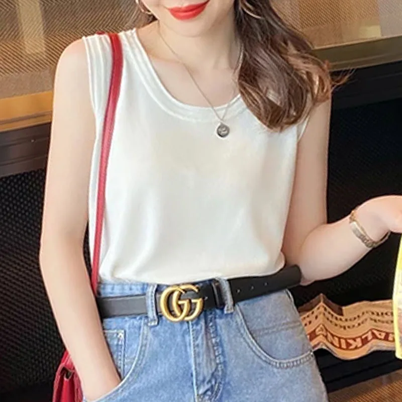 

Sueters De Mujer Fashion Sleeveless Knitted Sweater Women Pullovers White O-Neck Knit Sweater Pullover Women Tops Knitwears G08