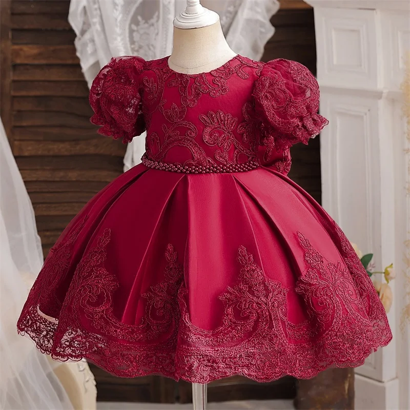 Vestido de encaje blanco para niña, vestido de princesa bordado, disfraz de flores para bautizo, boda infantil, manga abullonada