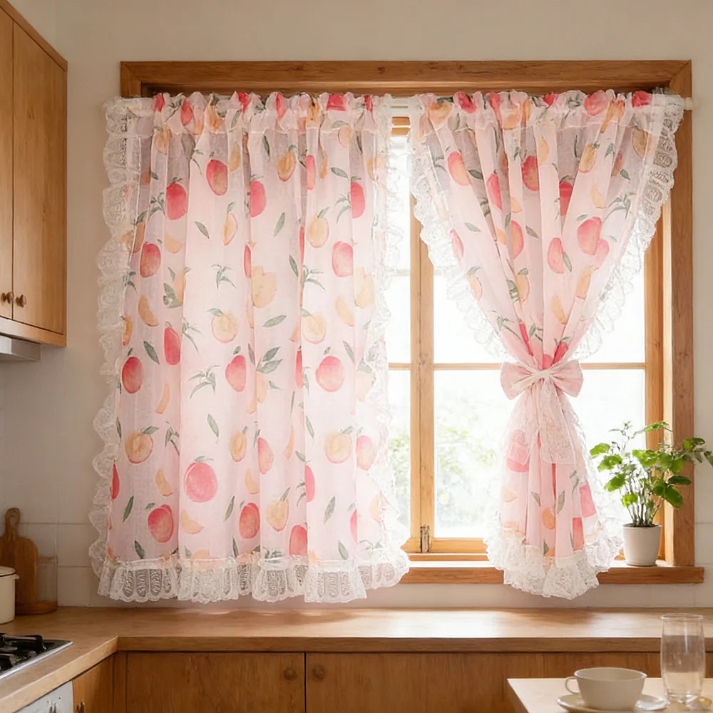 2 Pieces Fruit Print Kitchen Curtains For Cafe Rod Pocket Top Cute Decorative  Lace Ruffles Half  Window Screen
