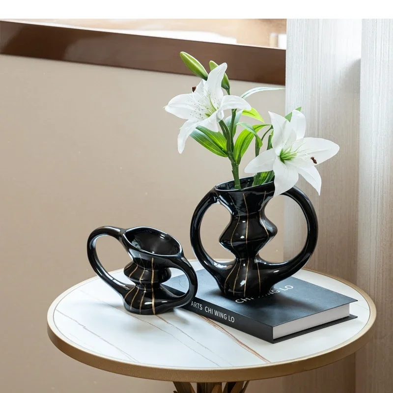 Ceramic Vase Geometric Creative Hollowed-out Handle Flower Vase Flower Arrangement Accessories Flowerpot Home Decoration