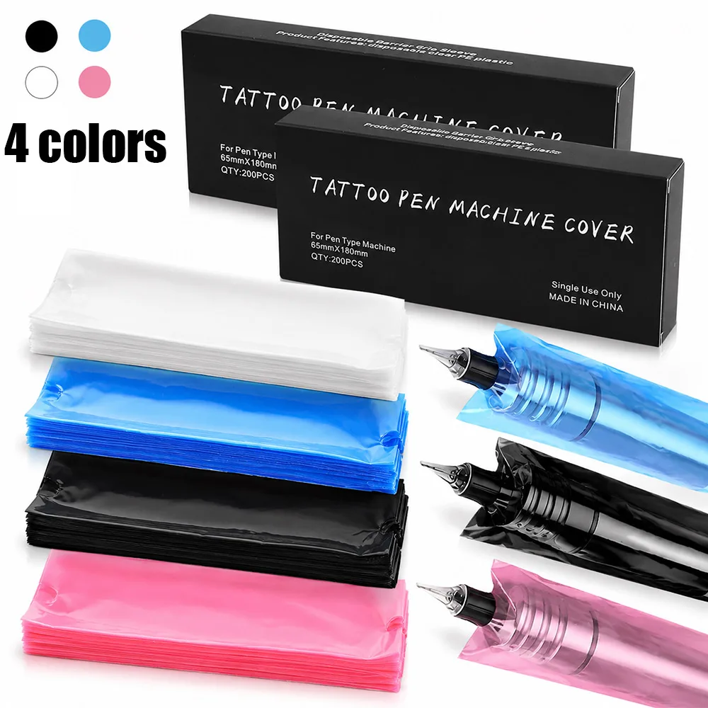 200/100/50pcs Disposable Tattoo Pen Cover Sleeve Black Pink Blue Clear Waterproof Plastic Protective Bag for Tattoo Machine Pen