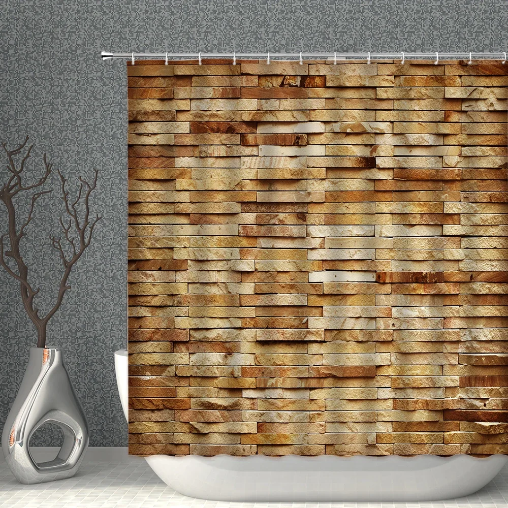 Brick Pattern Shower Curtains Waterproof Fabric Stone Grain Bath Curtain For Bathroom Partition Multi-size With Hooks Home Decor