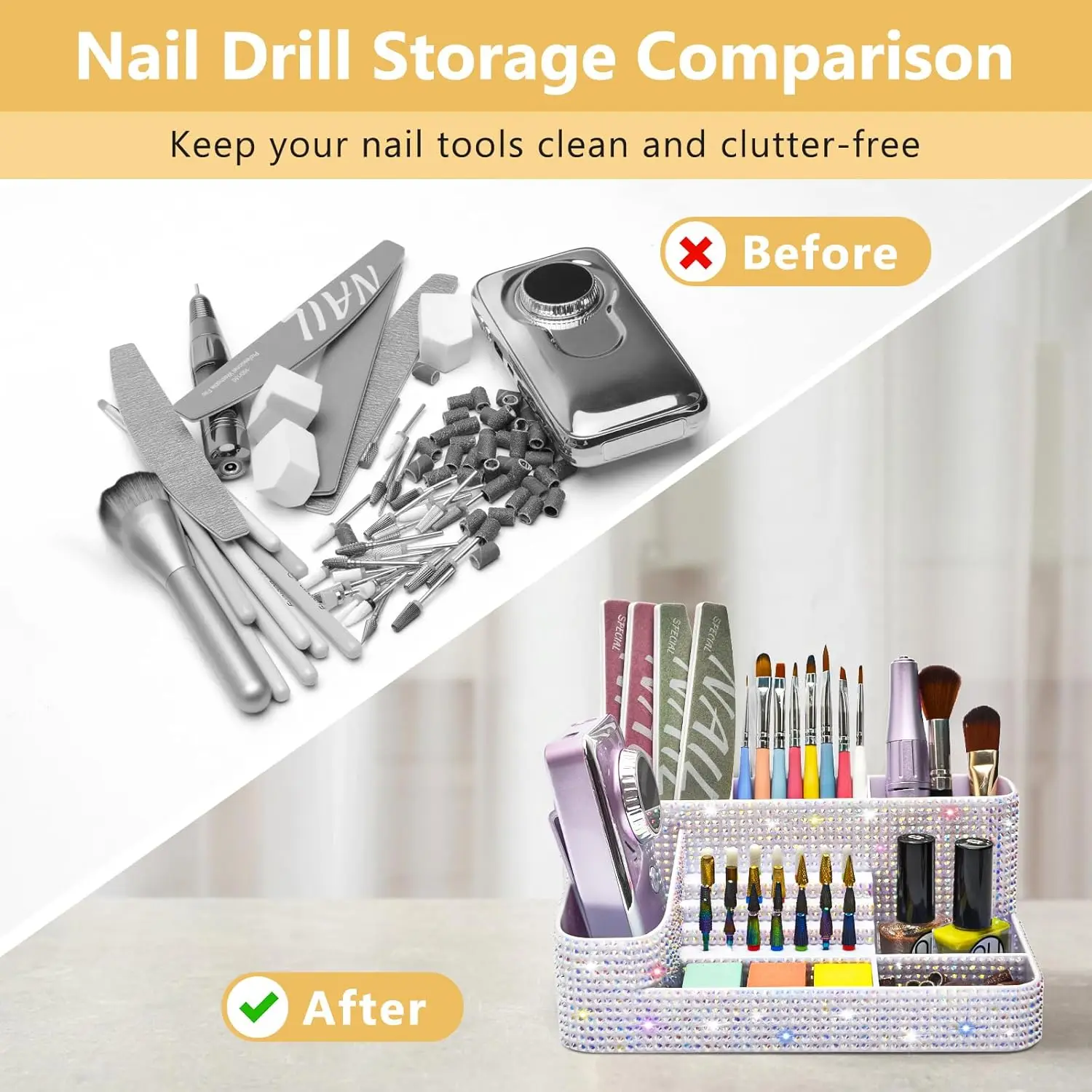 Large Capacity Clear Acrylic Makeup Organizer Multifunctional Cosmetic Storage Box Transparent Nail Art Tool Holder for Lipsticks Brushes Nail Drill Bits Manicure Supplies Vanity Desktop Display Stand Beauty Accessories Case