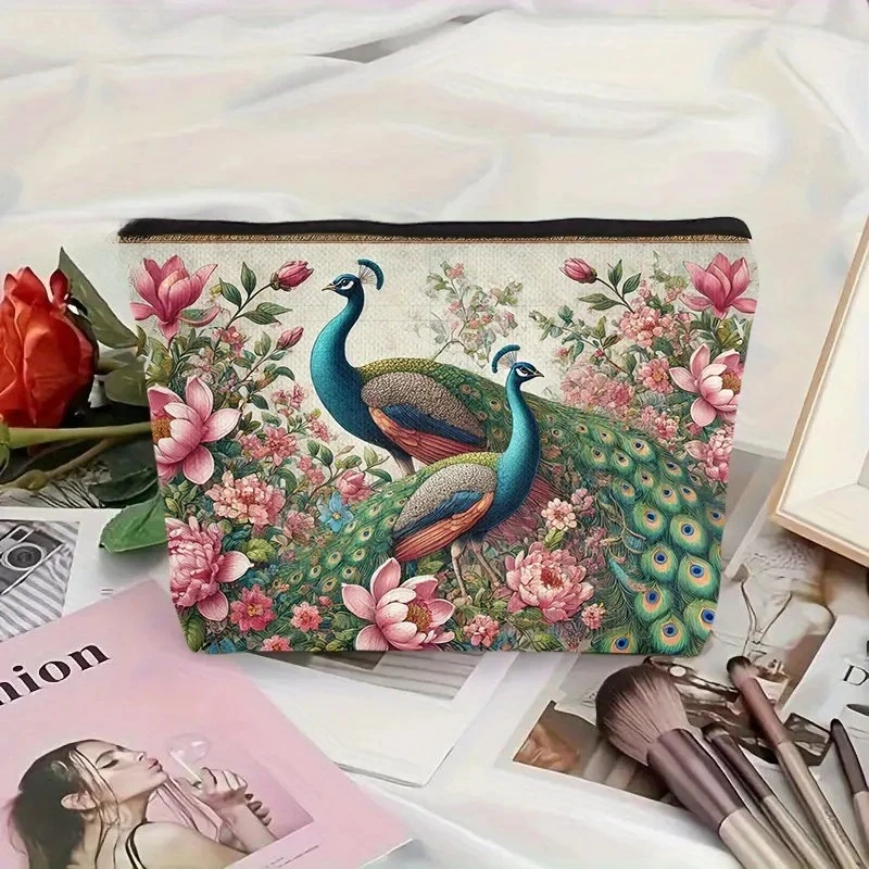 A Peacock and Floral Makeup Bag - Women's Cute Multifunctional Zipper Pouch, Jewelry Storage Bag