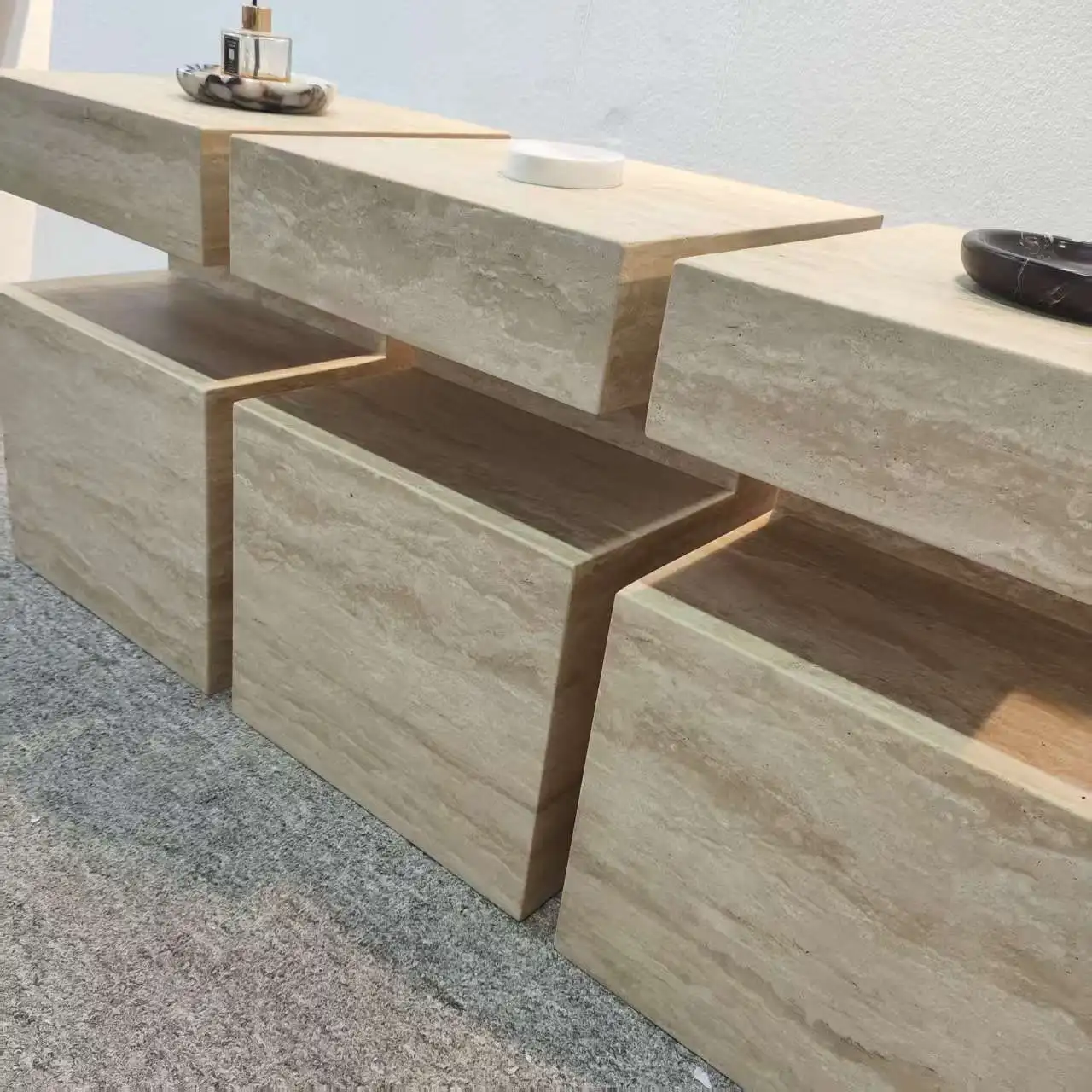 Modern custom natural stone factory price travertine side table entrance table marble bedside table luxury marble furniture