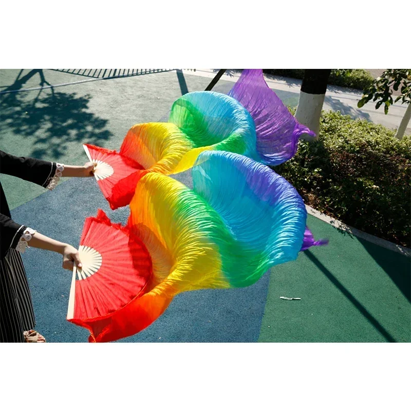 

High Quality Chinese Silk Belly Dance Fan 100% Real Silk 120cm/150cm/180cm Rainbow Striped Fan Wholesale Handmade Dance Props