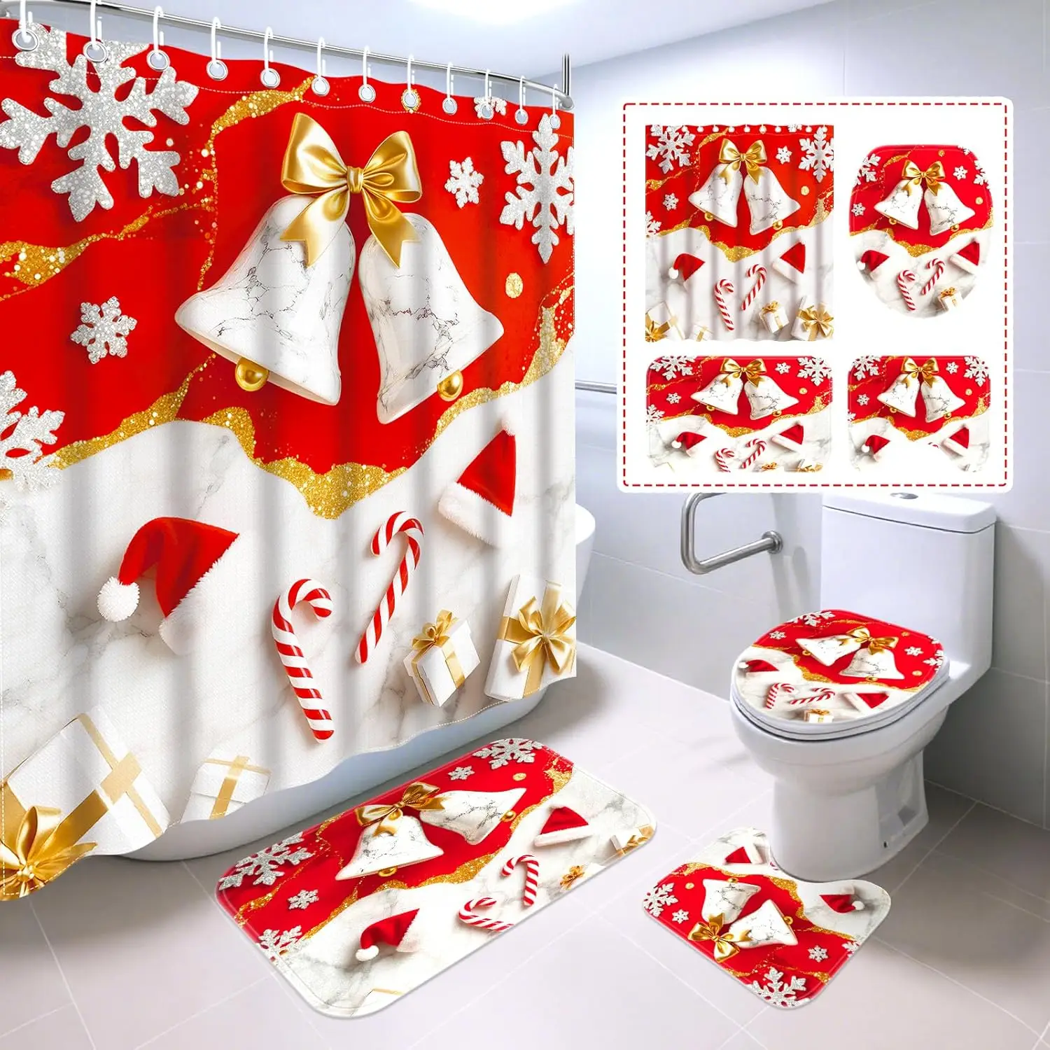 

4 Pcs Christmas Shower Curtain Set with Rugs, Red Winter Xmas Waterproof Marble Shower Curtains for Bathroom with Non-Slip Rugs