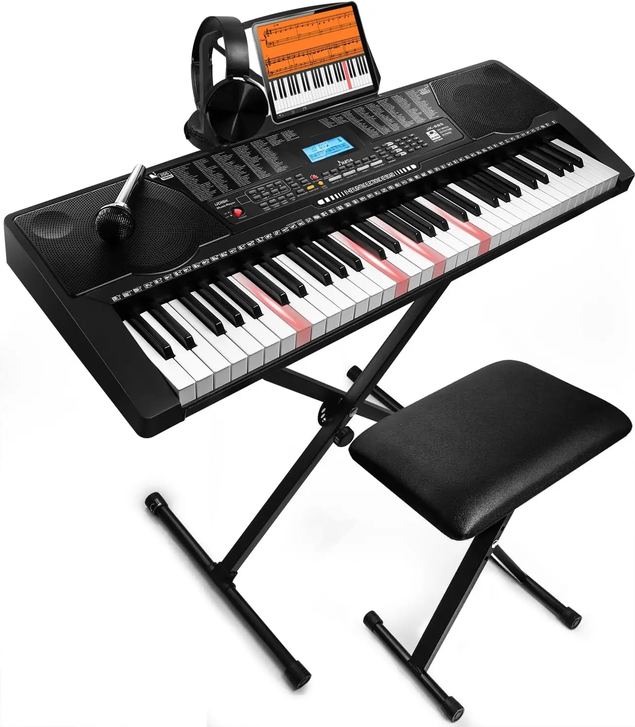 61 Key Portable Electronic Keyboard Piano w/Lighted Full Size Keys,LCD,Headphones,X-Stand,Stool,Music Rest,Microphone,Note Stick