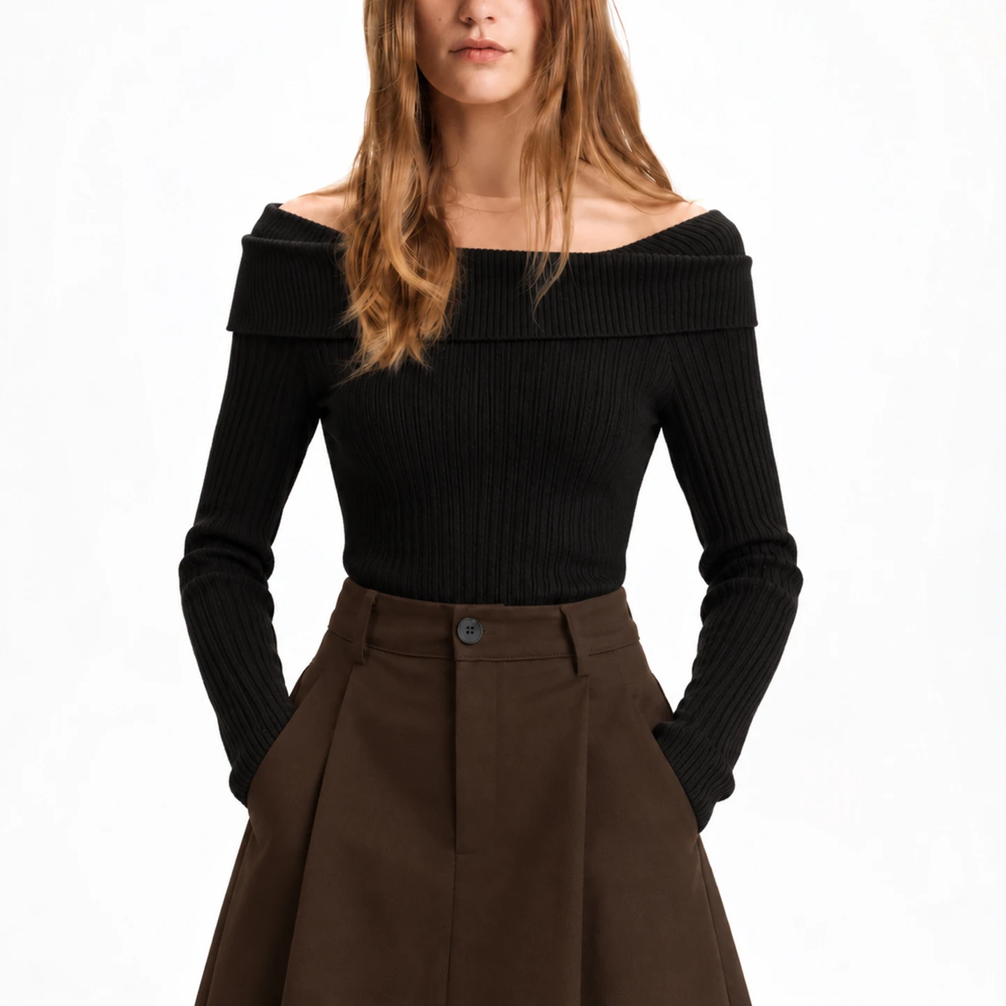 CH Bardot Off Shoulder Knit Blouse Ribbed Texture Long Sleeve Slim Fit Stretch Fabric Fashion Going Out Knit Top