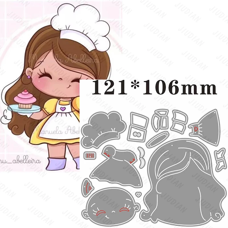 

Aproned Cook Girl Carry Маленький торт Металлический штамп для резки металла для DIY Скрапбукинг Ремесла Рождественская подарочная карта ручной работы