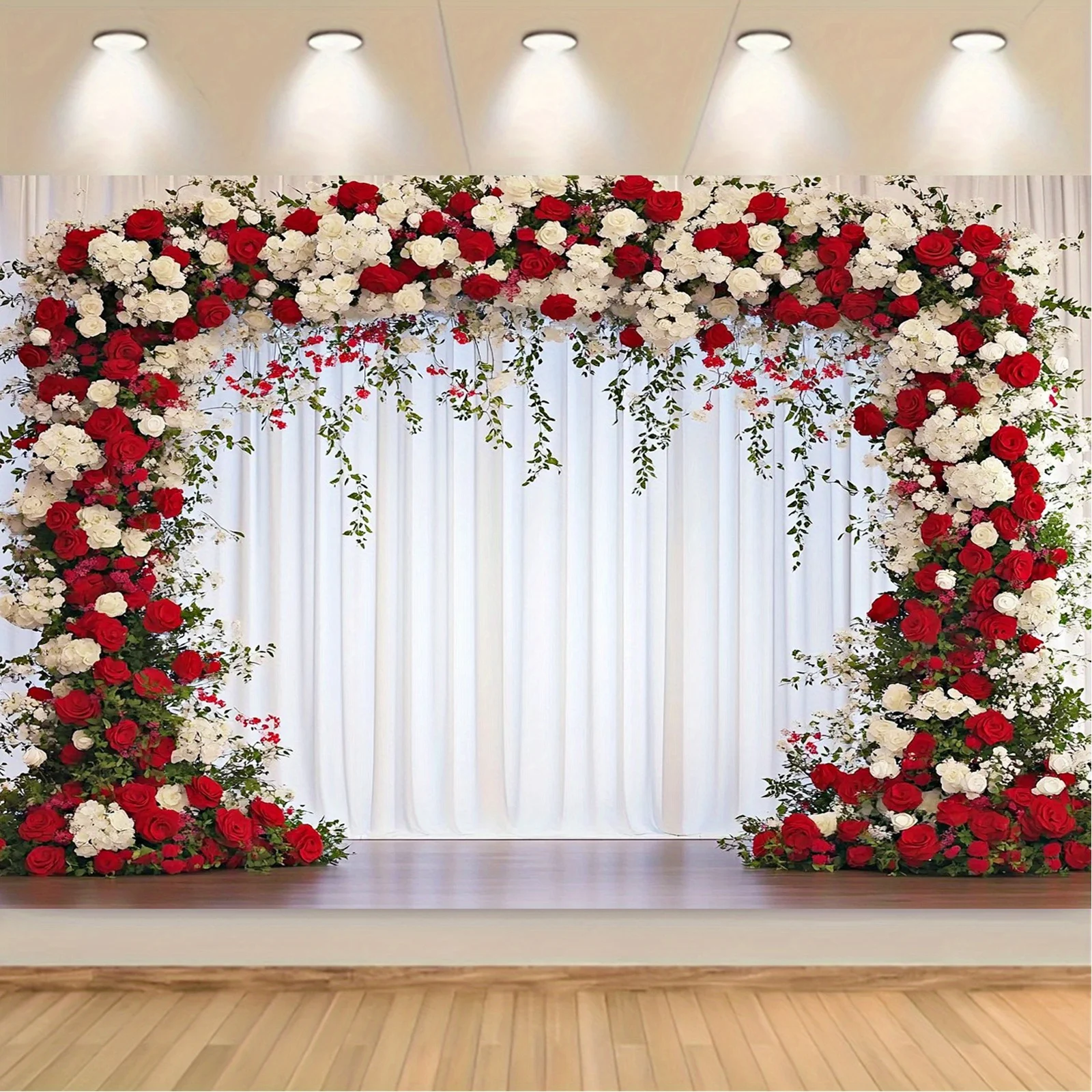 Luxurious red and white rose floral background with hydrangeas - elegant polyester fabric wedding, anniversary