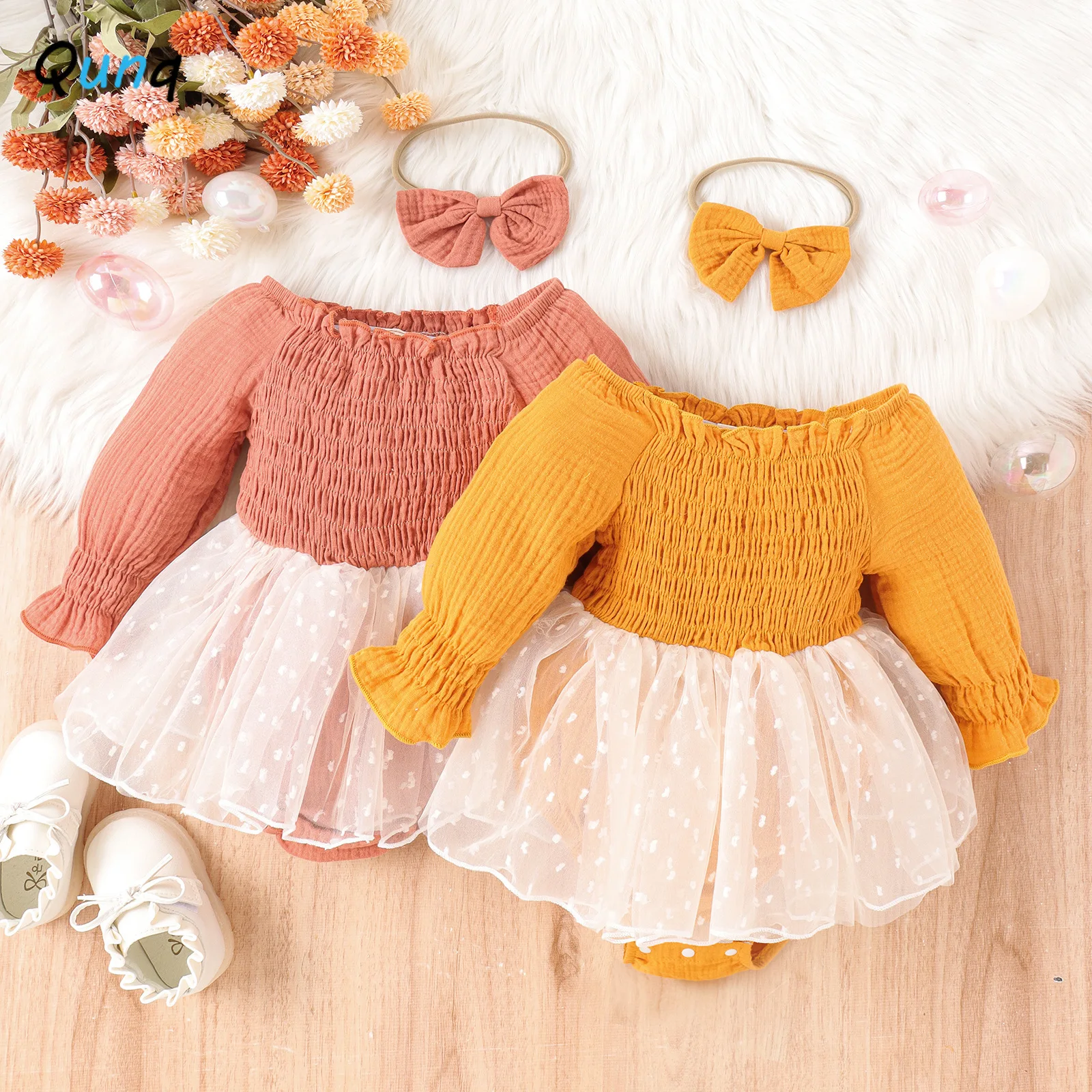 

Qunq 2023 Autumn New Baby Girls Long Sleeve Cute Mesh Patchwork Rompers And Bandeau 2 Pieces Set Casual Kids Clothes Age 0-2T