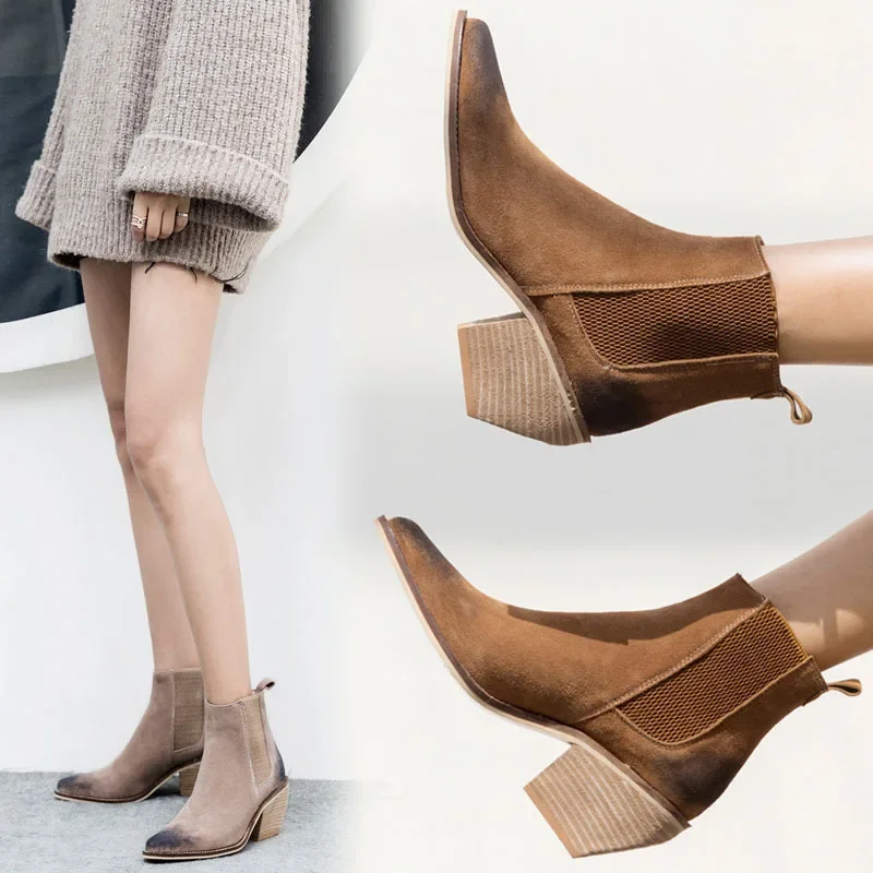 

Retro Pointed Toe Wood Grain Thick Heel Ankle Boots Women Slip-On Elastic Short Botines Large Size Elastic Chelsea Botas