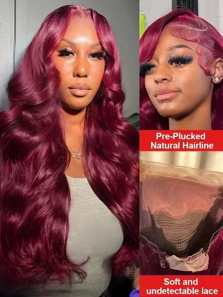 Объемная волна 180 200 Плотность Бордовый 13x6 Парик из натуральных волос 99J 13x4 HD Цветной красный 30 40 дюймов Бесклеевые кружевные фронтальные парики