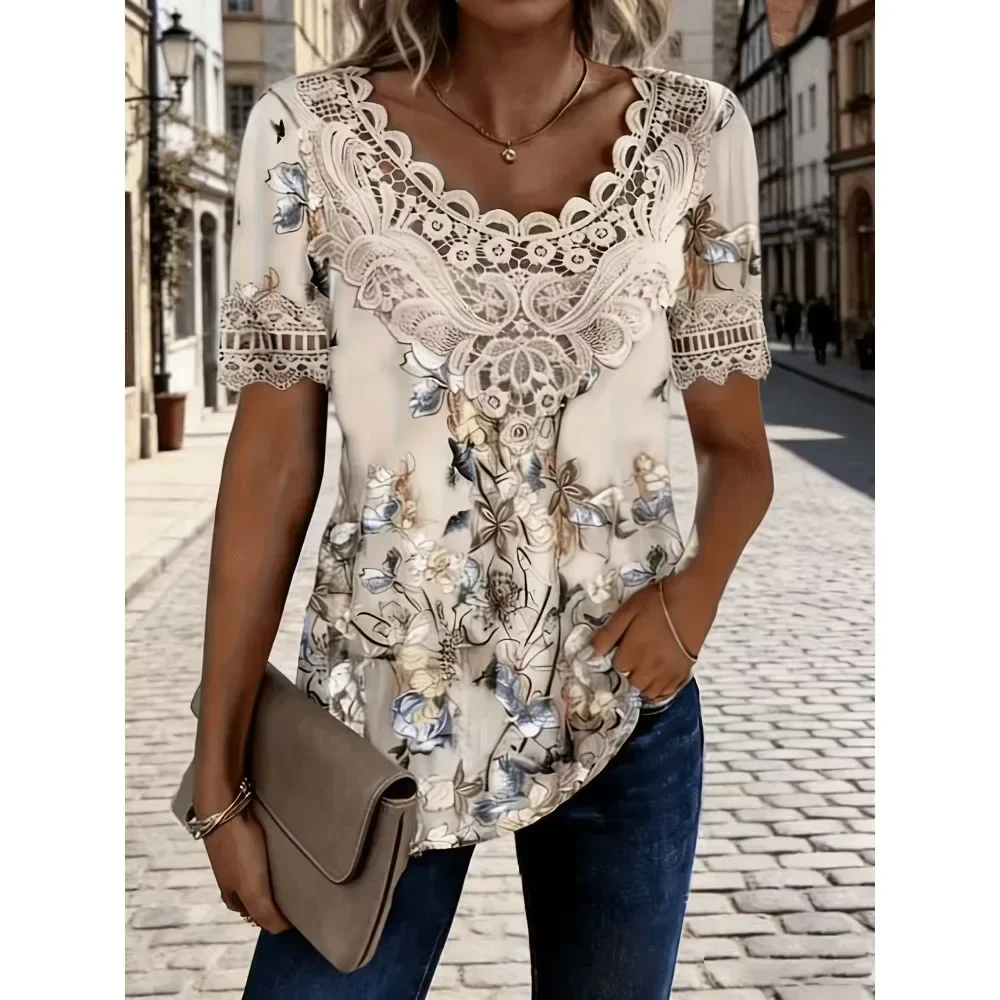 Women Elegant Lace Patchwork Crew Neck T-Shirt Short Sleeve Multi Color Casual Soft Breathable Flattering Comfy Versatile New