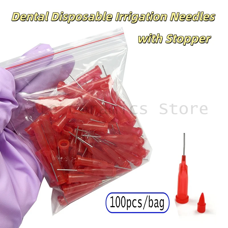 100pcs Dental Disposable Irrigation Needles with Stopper - Red Blunt Endo Tips for Root Canal Treatment & Glass Application
