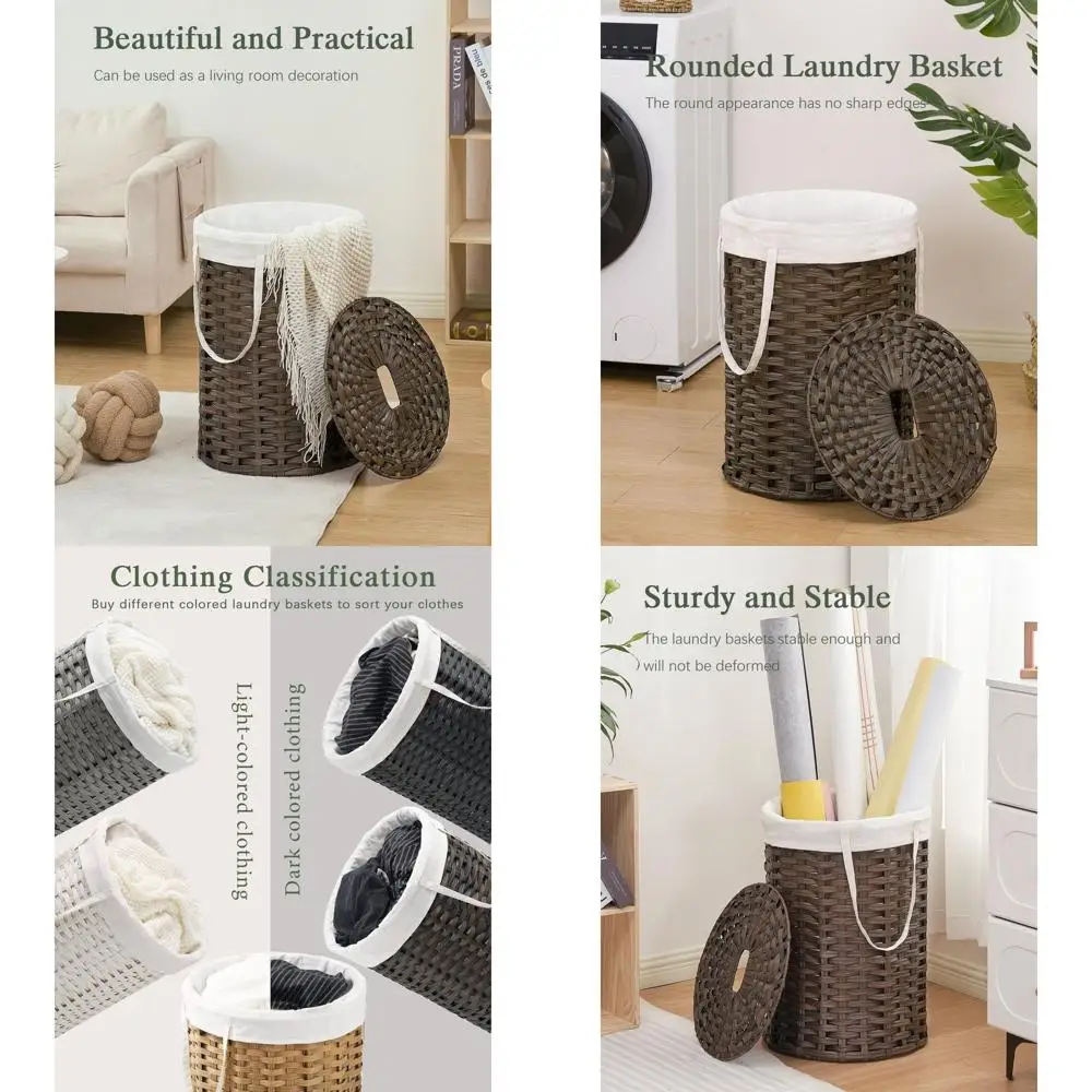 

Round Wicker Laundry Hamper with Lid, 19 Gallon Capacity, Removable Liner and 2 Mesh Bags, Ideal for Living Room and Bathroom, B