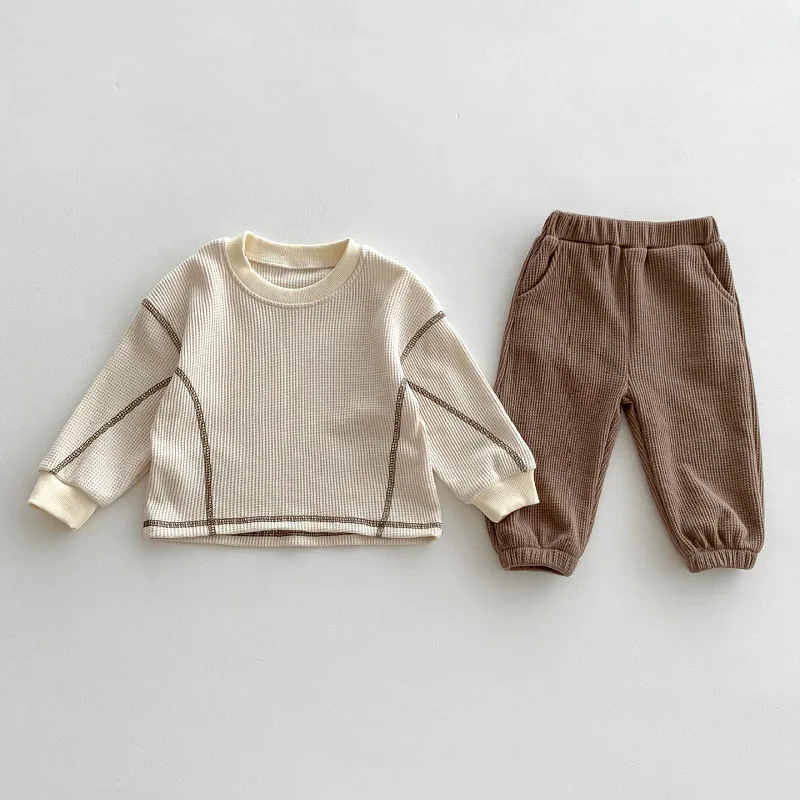 

New Autumn Baby Boy Girl Waffle Pattern Outfits 0-3Years Newborn Kids Long Sleeve Pullover Tops+Jogger Pant 2PCS Clothes Set