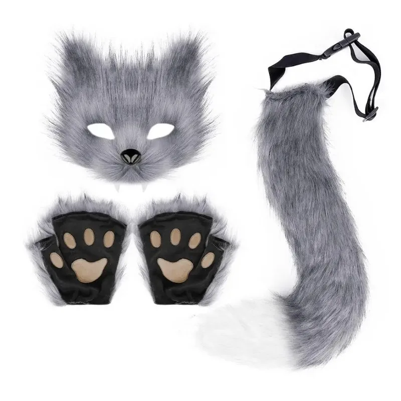 Fluffy Fur Tail Cat Paws Gloves and Wolf Therian Mask Set for Halloween Cosplay Costume Accessories Mask Sets