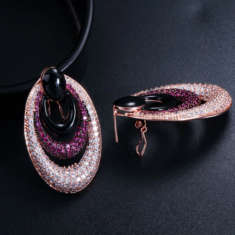 Pera European Style Red White CZ Zircon Rose Gold Color Long Big Round Dangle Drop Earrings for Women Dinner Party Jewelry E149