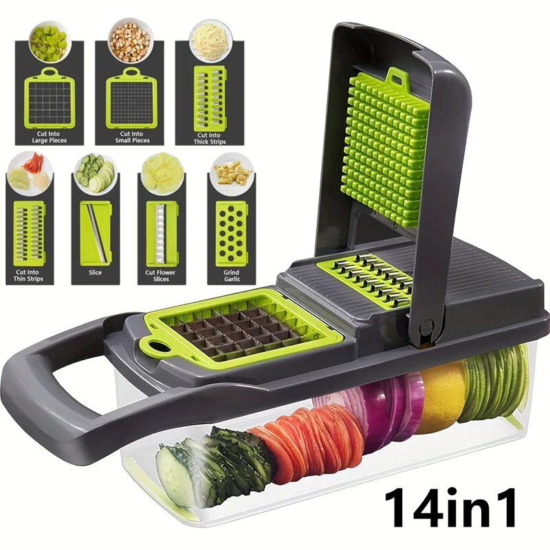 14-in-1 multifunktionaler Gemüsezerkleinerer, Zwiebelzerkleinerer, Griff, Lebensmittelrost, Lebensmittelzerkleinerer, Küche, Gemüseschneider, Würfelschneiden ﻿